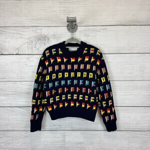 Tory Burch Women's Navy Colorful Flag Wool Blend Sweater Size XS